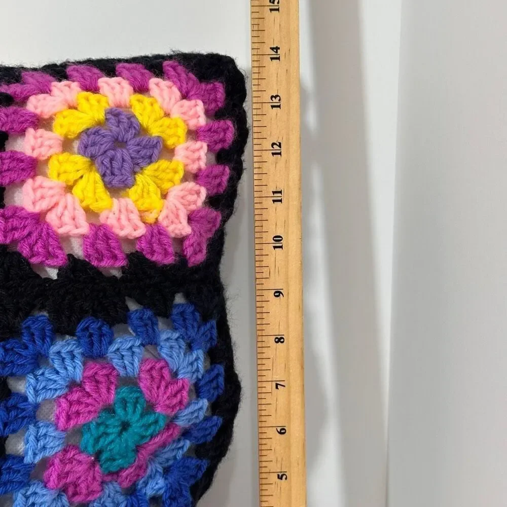 Pillow Crocheted Granny Square Colorful Decoration Black 14”x14”